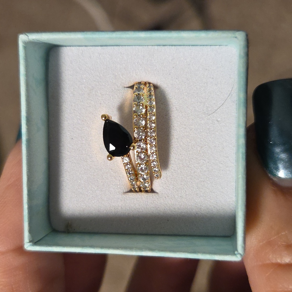 Gold-Plated Ring with Black Teardrop Moissonite Gem and Pave Stones